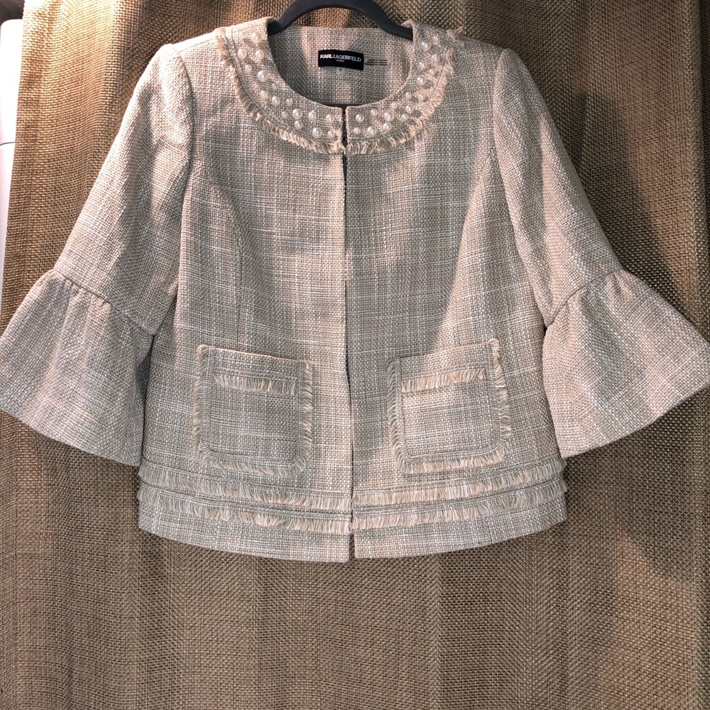 Karl Lagerfeld Cream Frayed Jacket With Pearls Fully Lined Hook And Eye Close